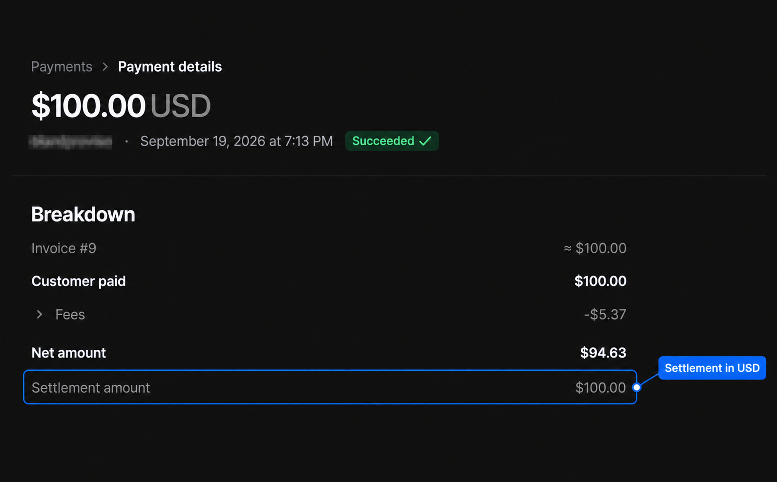 Whop settlement breakdown in USD