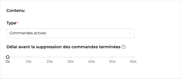 Réglage Délai avant la suppression des commandes terminées, curseur de 0 à 60 secondes, sur la fiche du téléviseur en mode Commandes actives