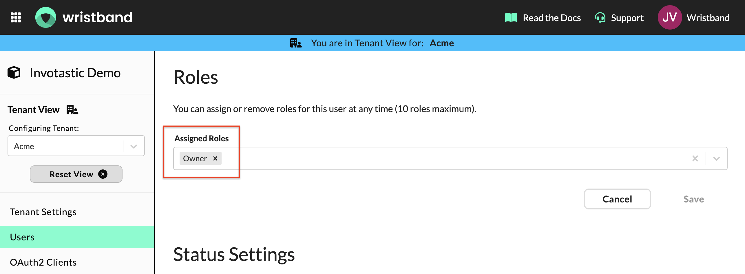 Wristband: Edit User page showing Roles form with Owner role assigned via group role mapping