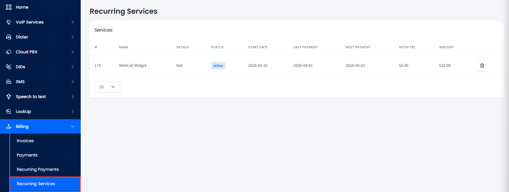 Screenshot of Recurring Services in the main menu