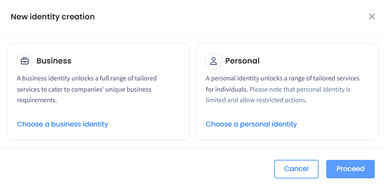 Screenshot with New Identity Creation pop-up window