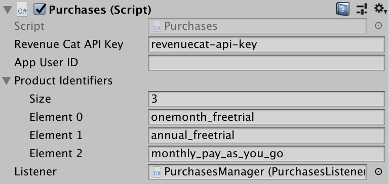 The Purchases behavior is configured with your RevenueCat API key and the product identifiers you want to fetch.
