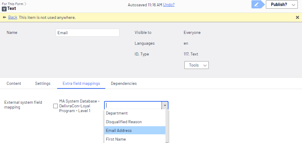 Screenshot of the Extra field mappings tab where mapping a form field to the Delivra Email Address database field