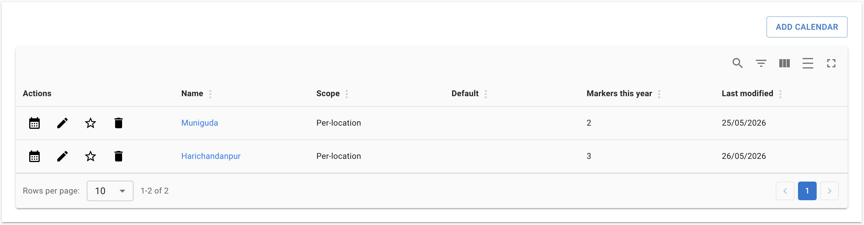 Calendars list in Per-location mode — two rows for Muniguda and Harichandanpur