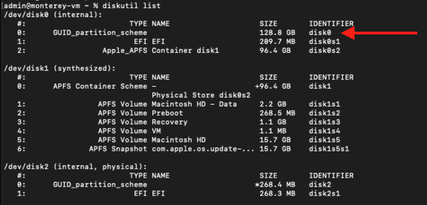 Output of `diskutil list` on an APFS file system. The internal disk is now resized but the synthesized disk still shows the original size.