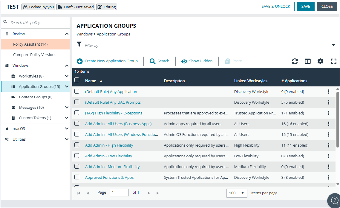 Application groups main page