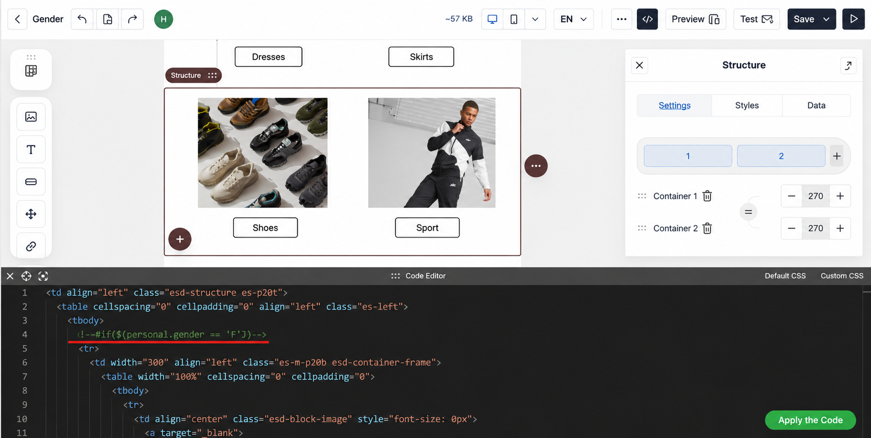Elseif condition for male gender added above the tr tag in the code editor