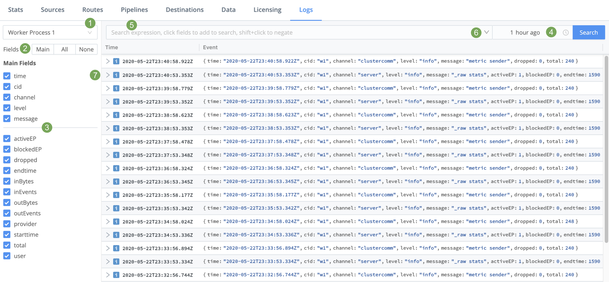Log-Screen-annotated.png Logs page (controls highlighted)