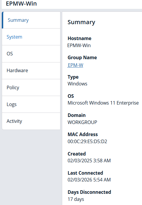 Summary details for a computer