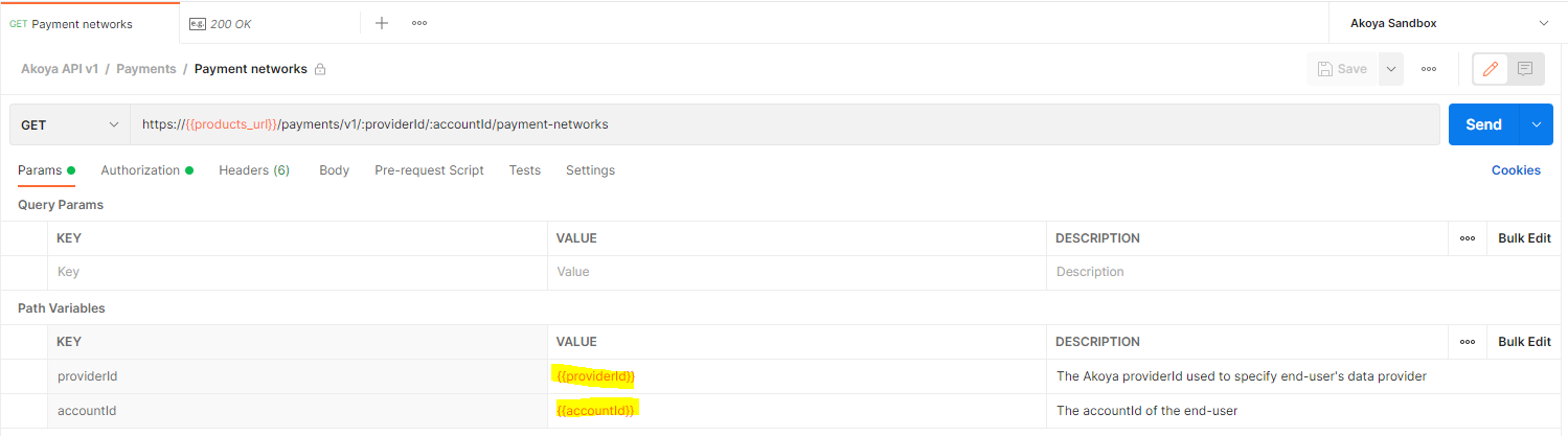 Postman Screen - Payment networks endpoint