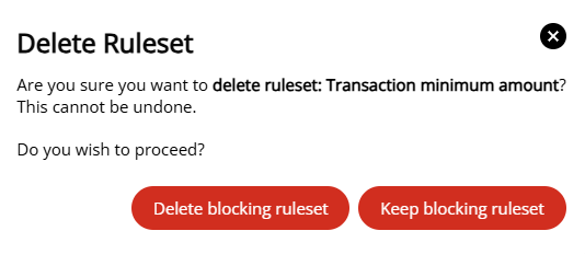 The Delete confirmation dialog in the Blocking Rulesets screen