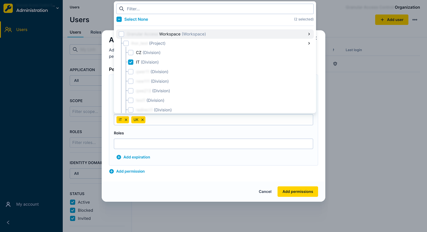 Give the user scopes for the specified divisions.