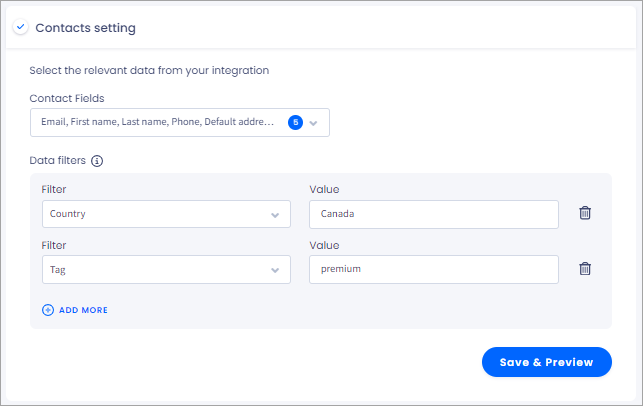 Screenshot of the screen with setting data filters in **Contacts setting**