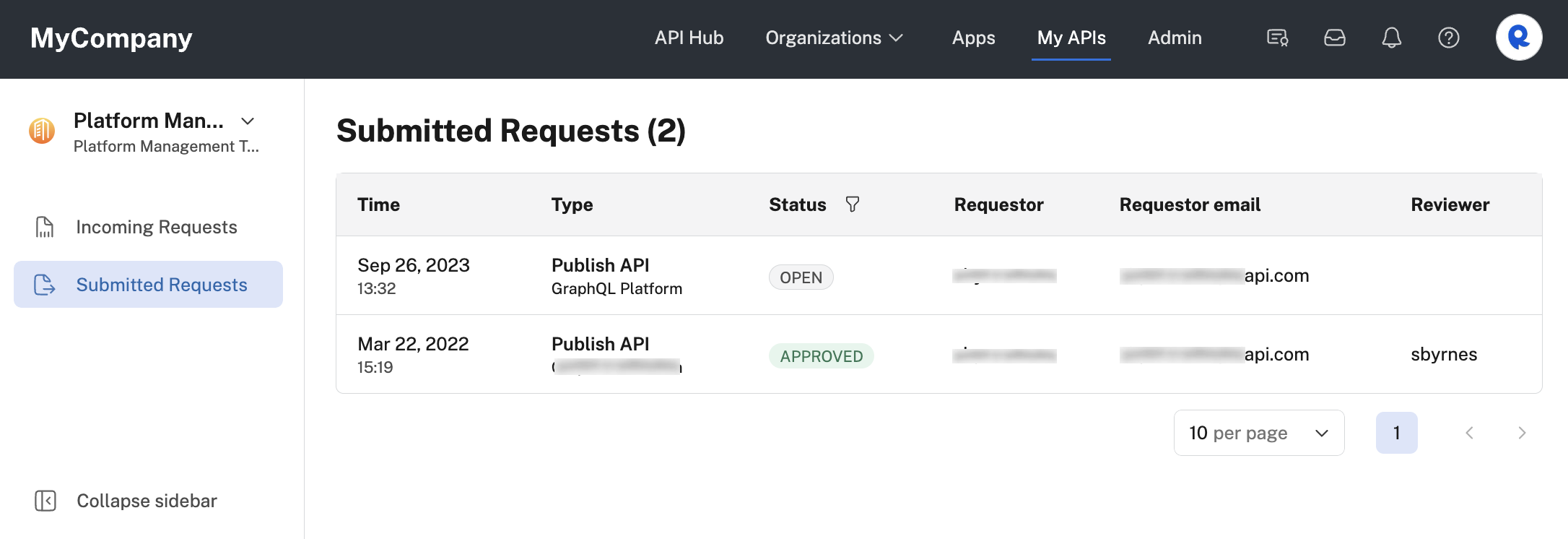 Viewing the status of requests to make my team's APIs public.