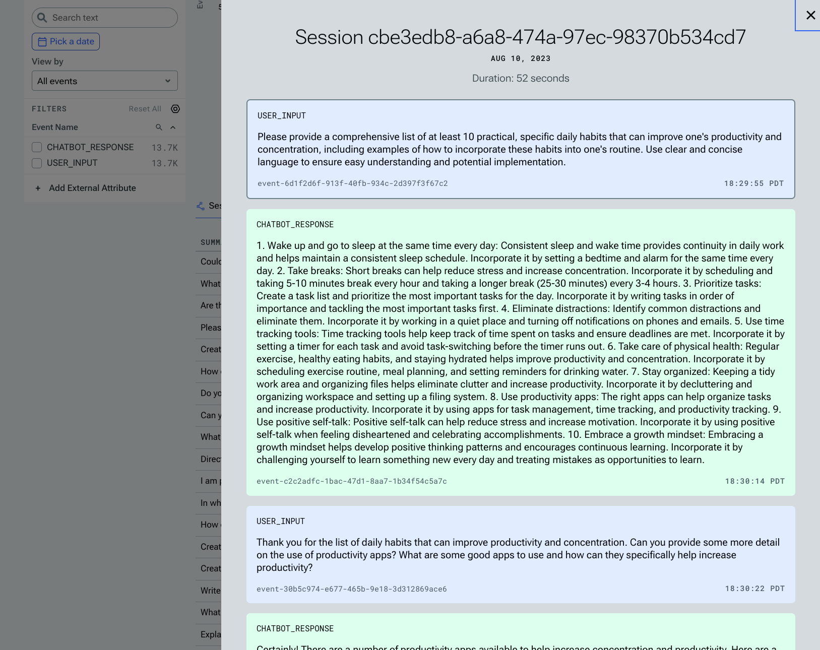 Tidepool provides a convenient way to view any session/event in context. Currently viewing a multi-part conversation between the user and a chat agent.