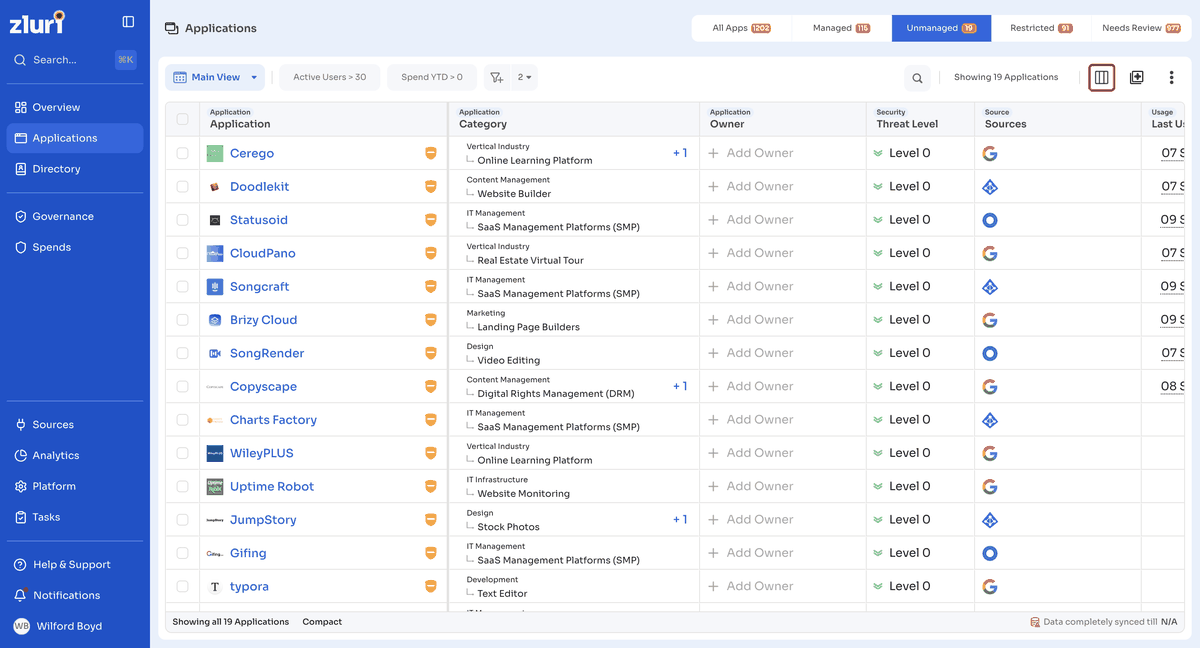 Modify Columns panel: search, select columns, reorder, and Update or Cancel