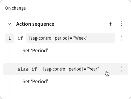 An action sequence containing the "if" and "else if" components of an if/else statement, and a cursor hovering over the "else if" condition.