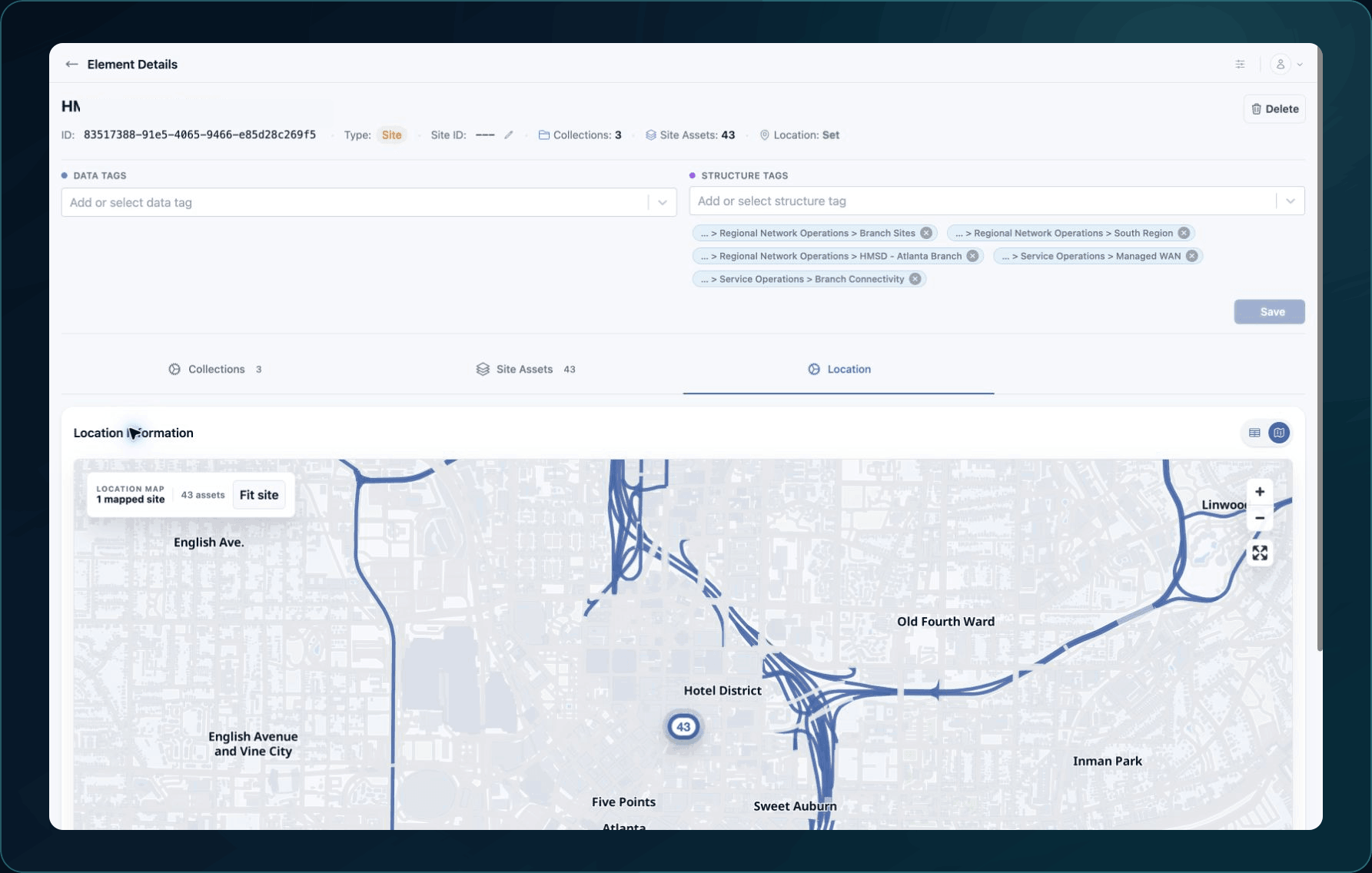 Site Location tab showing list and map choices, mapped Asset count, Fit site, and map controls.