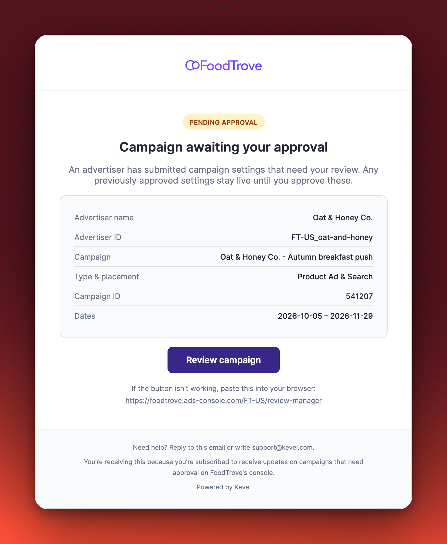 An example Pending review email in the FoodTrove brand: the FoodTrove logo, a Campaign awaiting your approval heading, a table of advertiser and campaign details, and a Review campaign button.