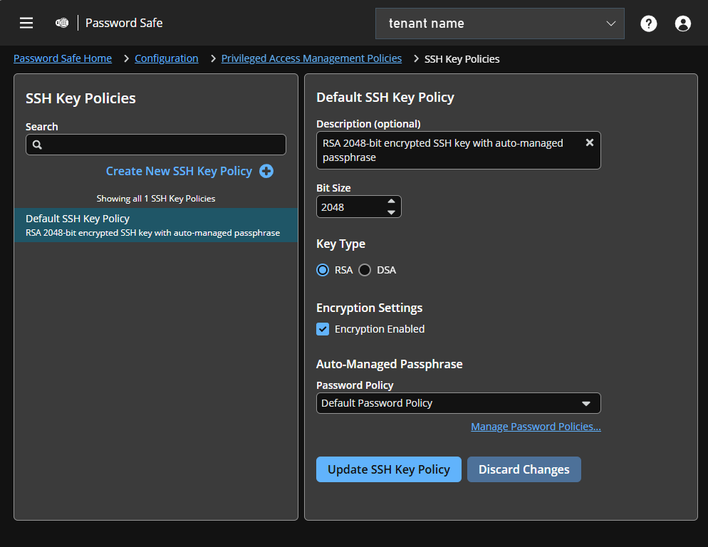 SSH Key Policies page