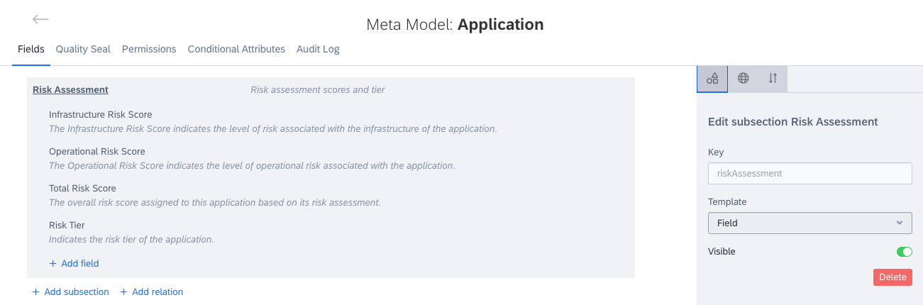 Custom Subsection "Risk Assessment" with Custom Fields on the Application Fact Sheet