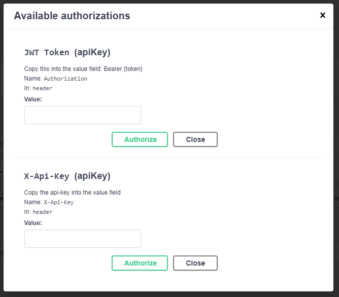 Added X-Api-Key as available authorization in the swagger page. You can now authorize the JWT Token and X-Api-Key for testing purpose on the swagger page.