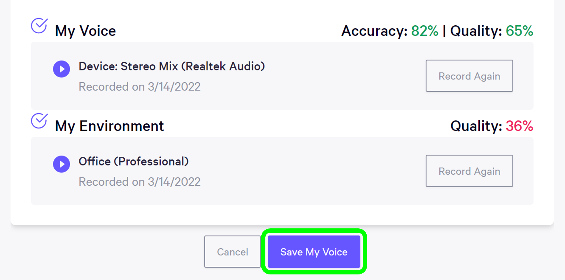 Screenshot of voice and environment audio recordings
