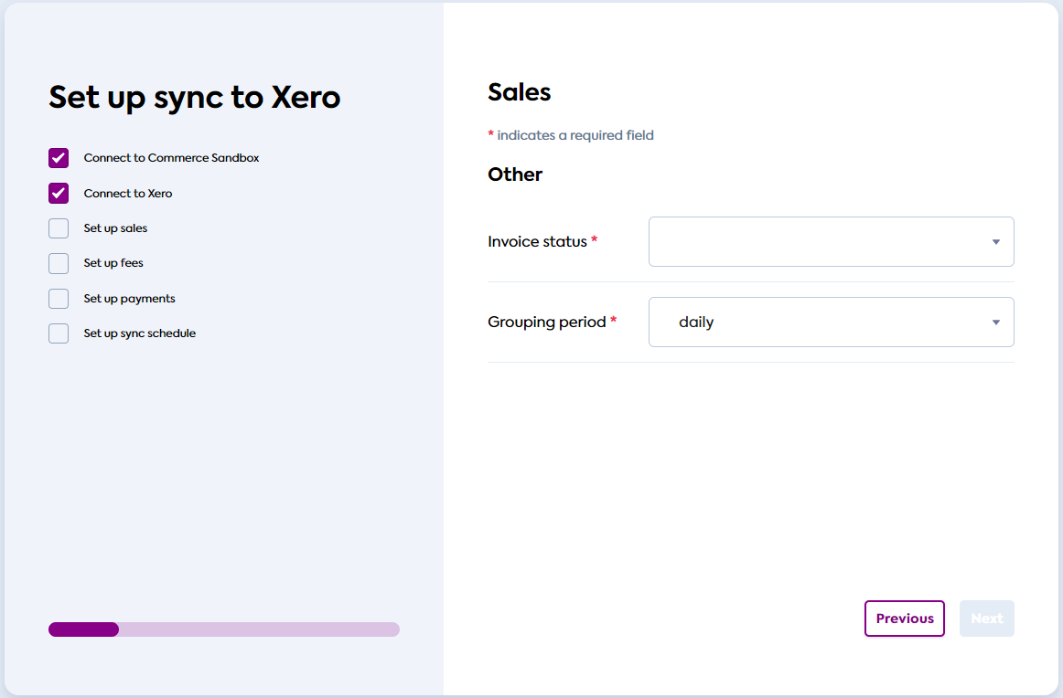 Sync UI Sales Other screen where you can set up the invoice status and the grouping period for **Sales**.