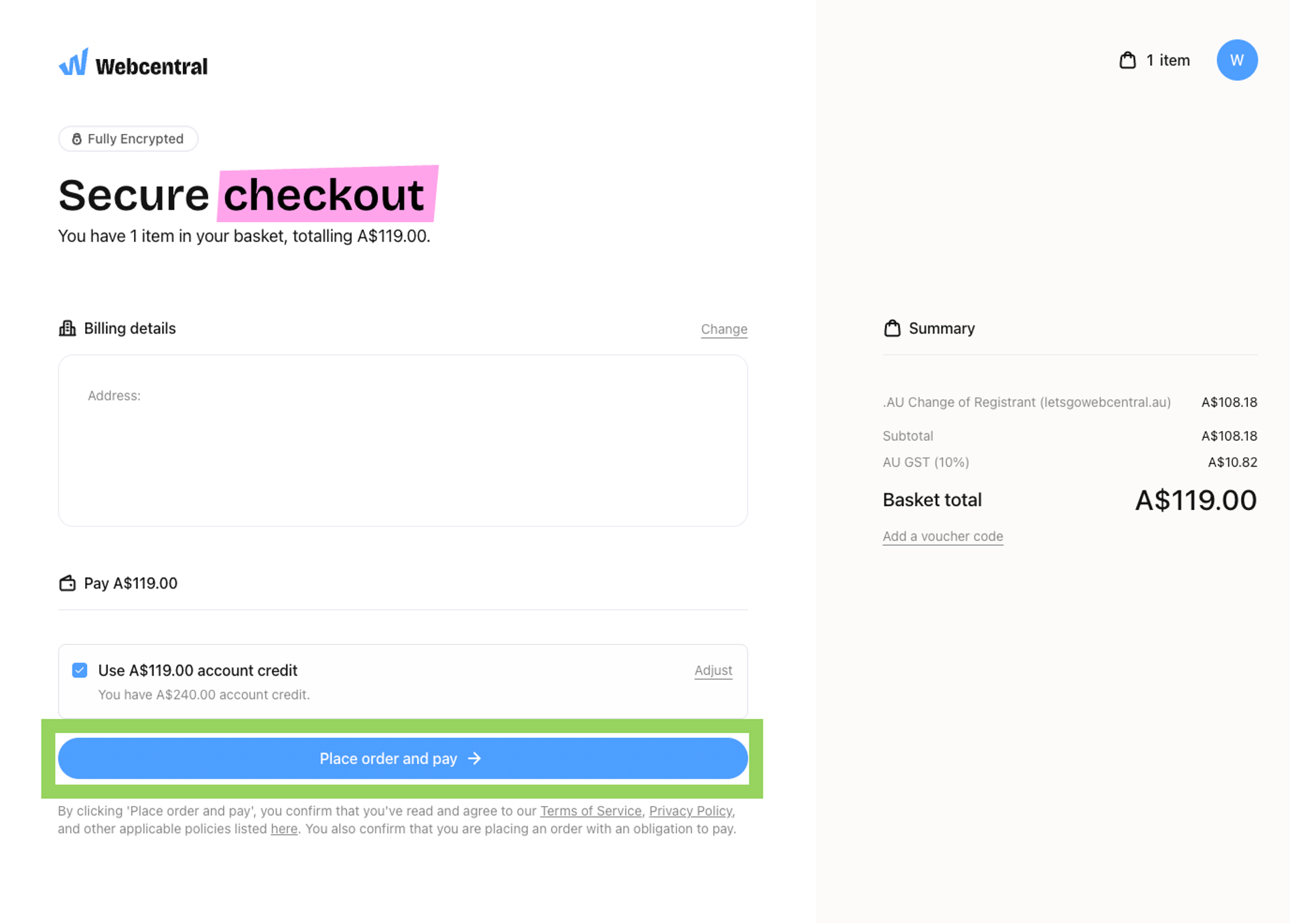 Secure checkout page showing A$119 total and the Place order and pay button highlighted