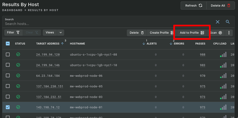 Screenshot of the results by host list with the Add To Profile button highlighted.