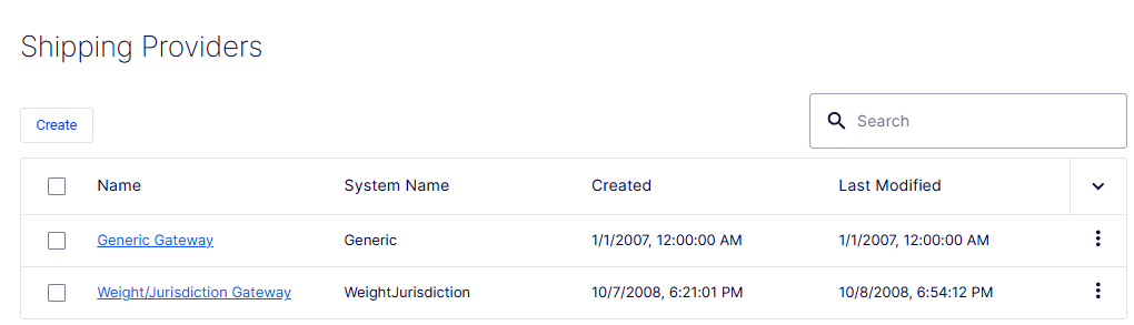 Shipping Providers list page showing configured carrier integrations with Name, System Name, Created, and Last Modified columns