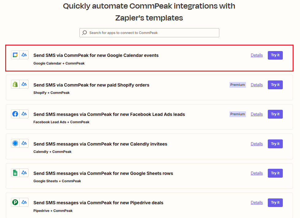 Screenshot of the Google Calendar template selected