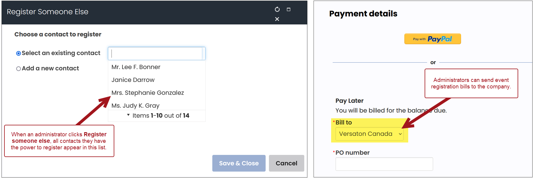 Register someone else window with emphasis on how to select an existing contact