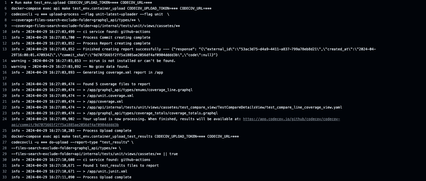 CI logs showing Codecov CLI in action