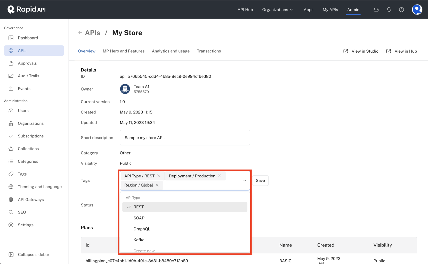 Viewing or managing an API's tags in the Admin Panel.