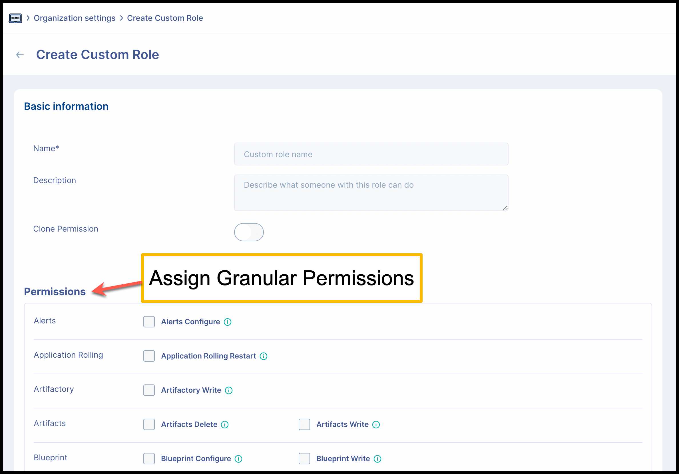 Assign specific Permissions for a Custom Role