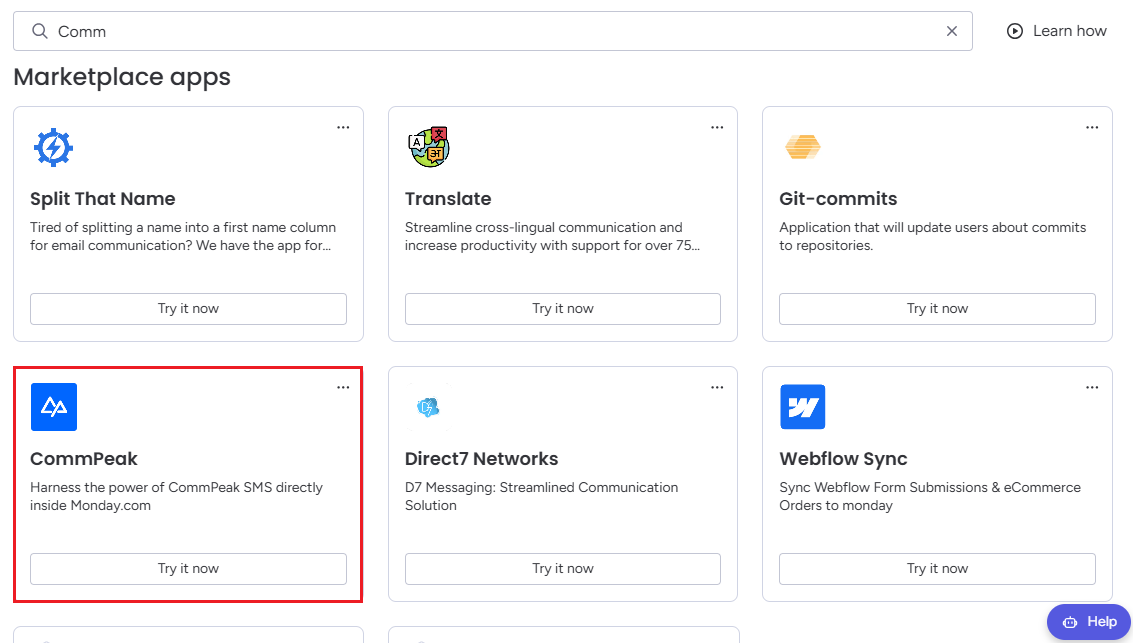 Screenshot of the monday.com marketplace apps