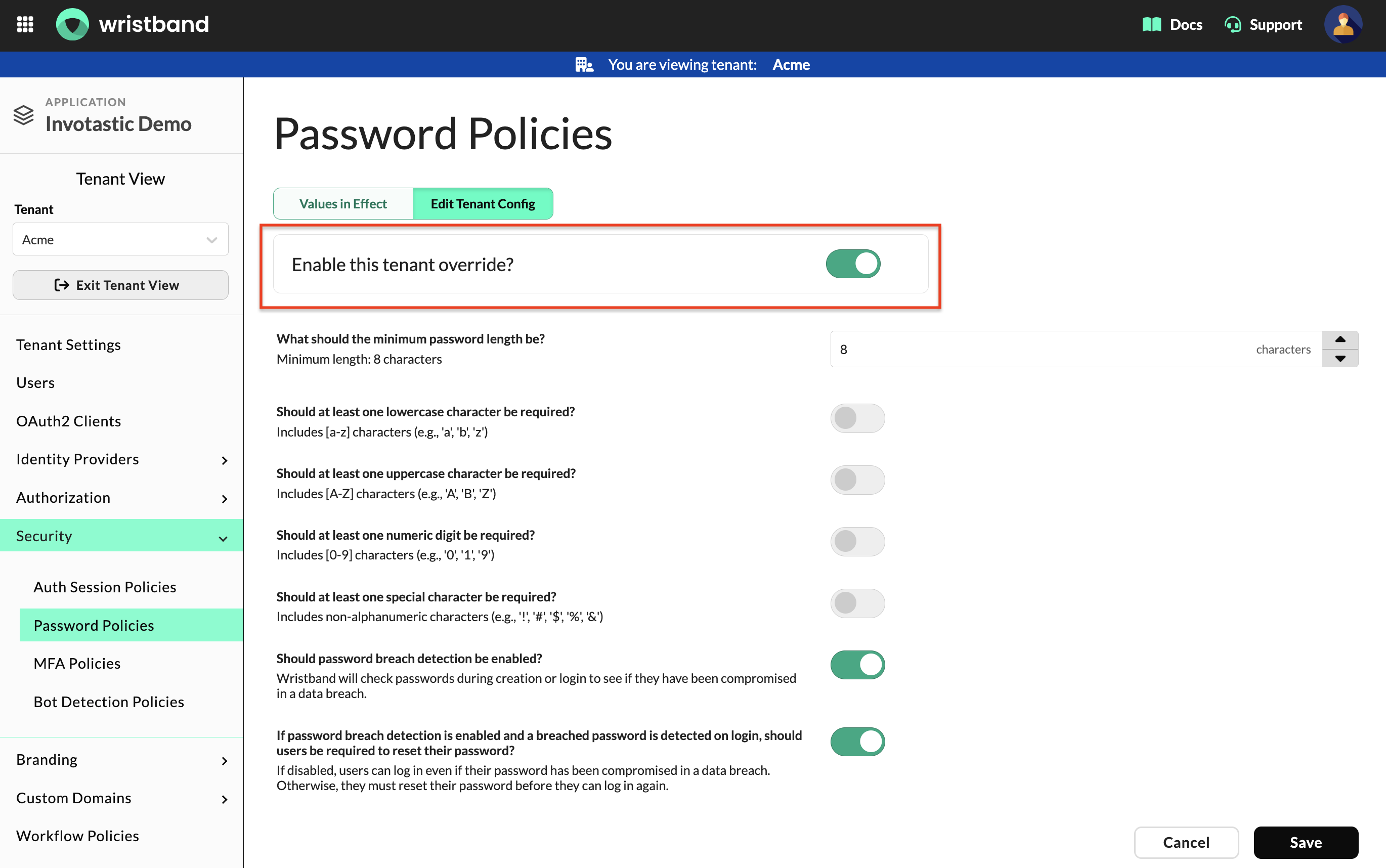 Password Policies configuration in Tenant View with the tenant override toggle enabled.