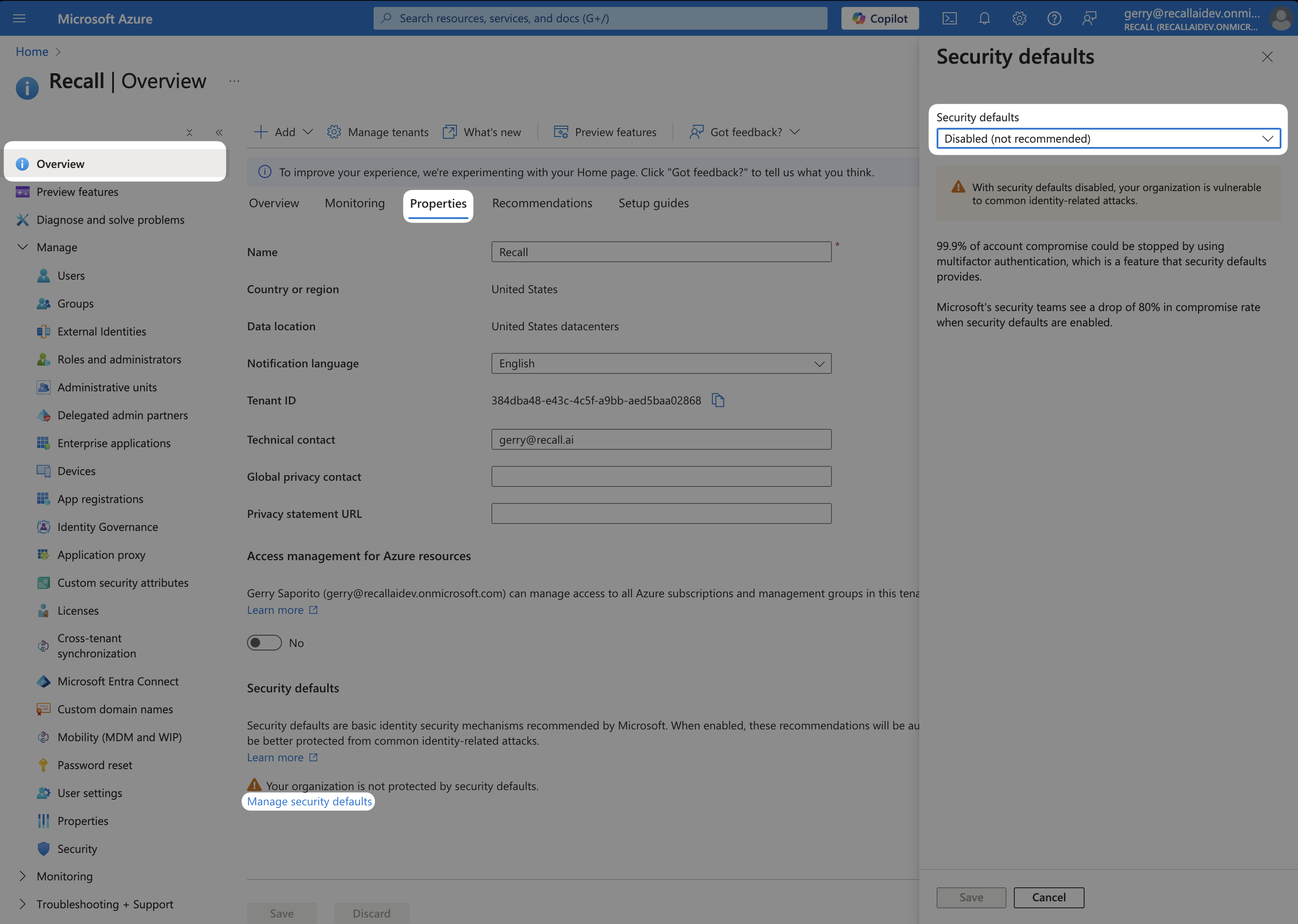 Navigating to the Security Defaults dropdown. Make sure this field is disabled