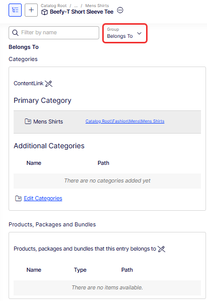 Screenshot of the details panel Group menu with the Belongs to option selected to view categories for an item.