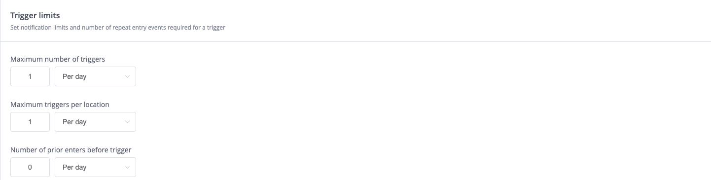 In this example, the campaign can be triggered a max of 1 time per day, also max 1 time per location per day. The campaign doesn't require a previous entry before it's triggered.