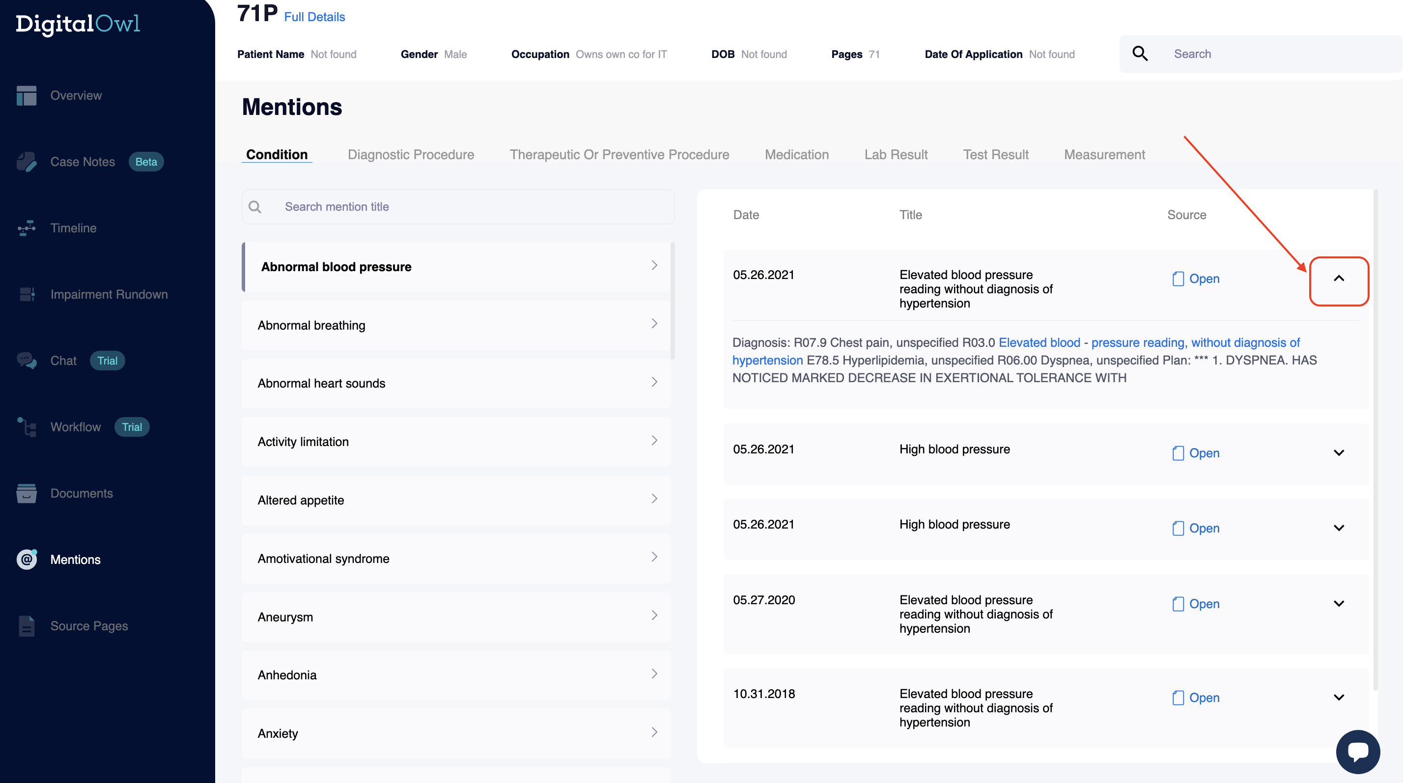 You can click on any item on the right to view a brief snippet of where the condition or procedure is mentioned.