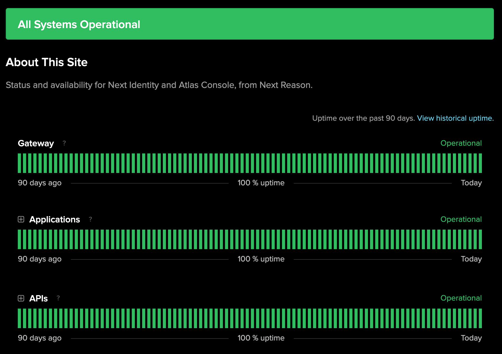 The Next Identity Platform Status Page showcasing real-time service status.