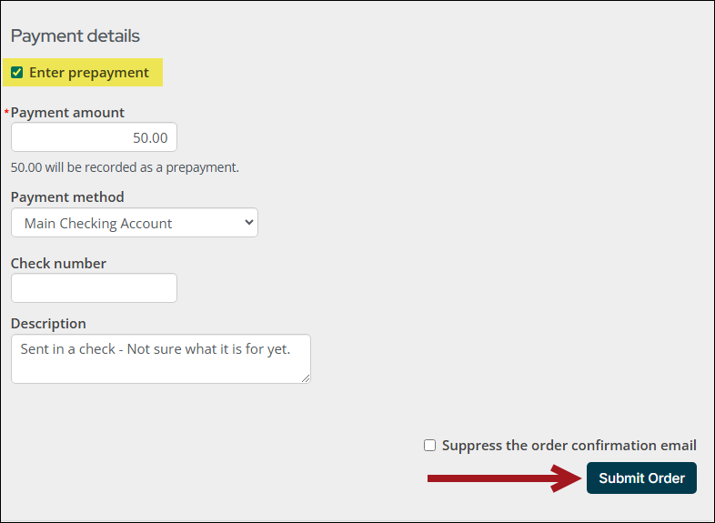 Entering the prepayment in the cart