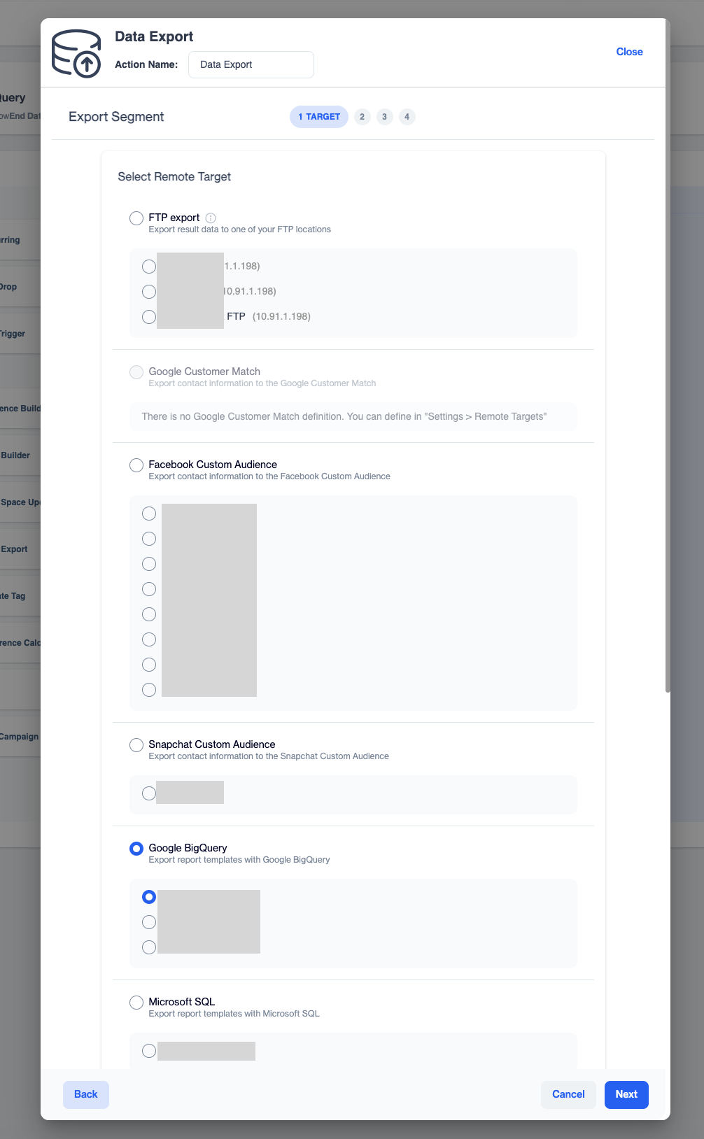 Select Remote Target screen of the Data Export node with Google BigQuery selected.