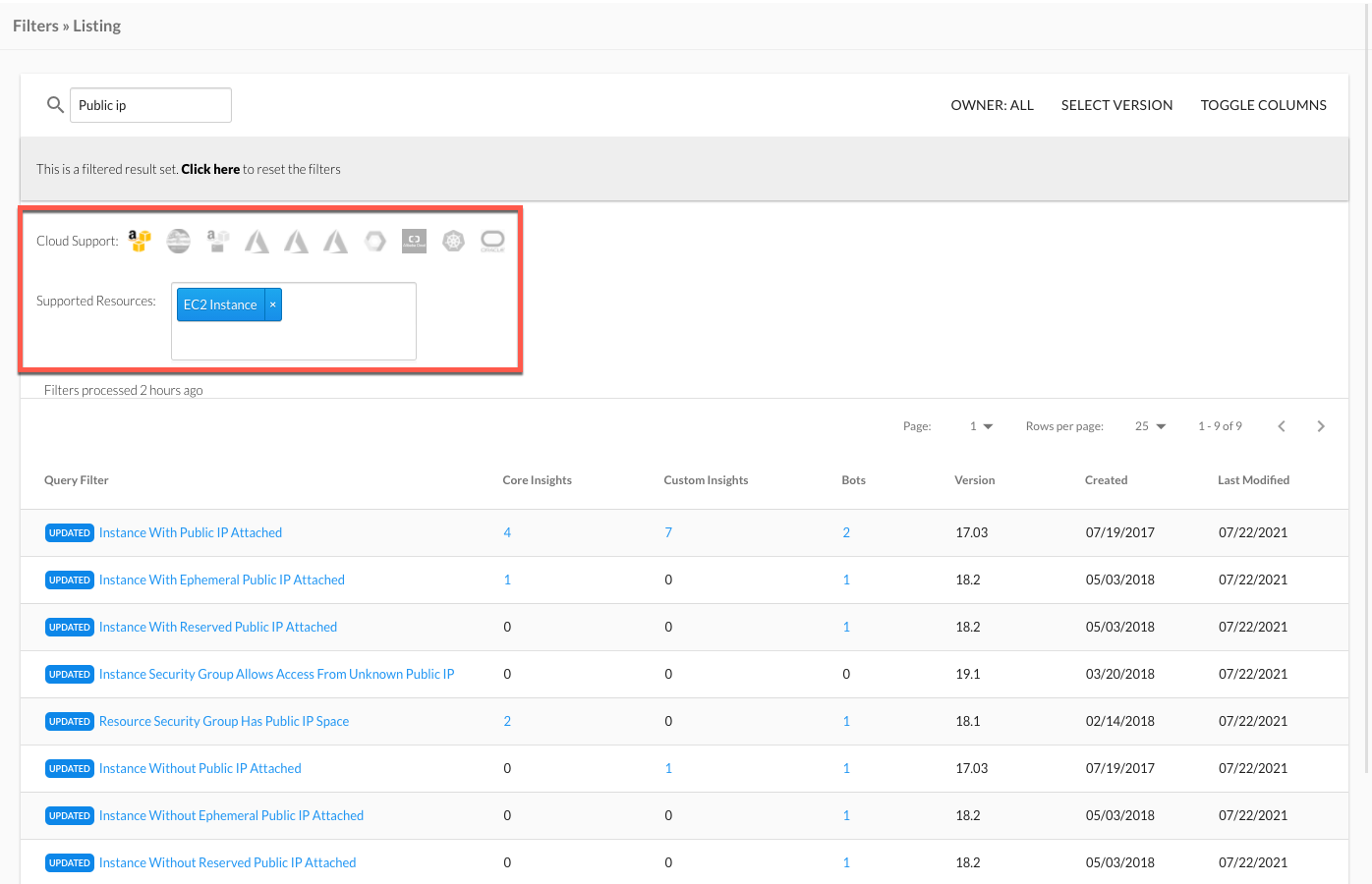 filters-cloud-resource.png Viewing Filters by Cloud Support (AWS) and Supported Resources (Instance)