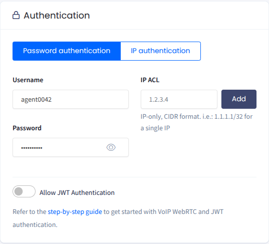 Screenshot of SIP account authentication settings by password