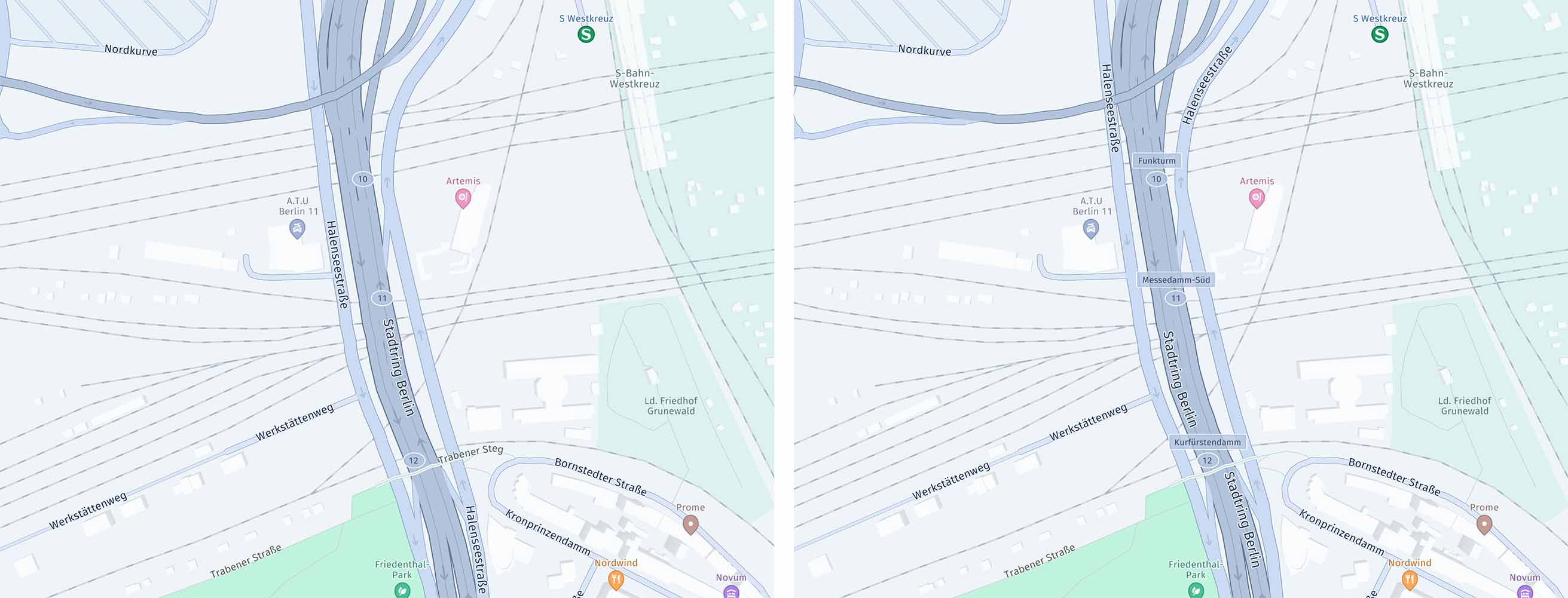 Screenshots (from left to right): MapFeatures.roadExitLabels combined with the MapFeatureModes.roadExitLabelsNumbersOnly shows the road exit labels in numbers. When paired with MapFeatureModes.roadExitLabelsAll shows the road exit labels in text. (only available with the Navigate license)
