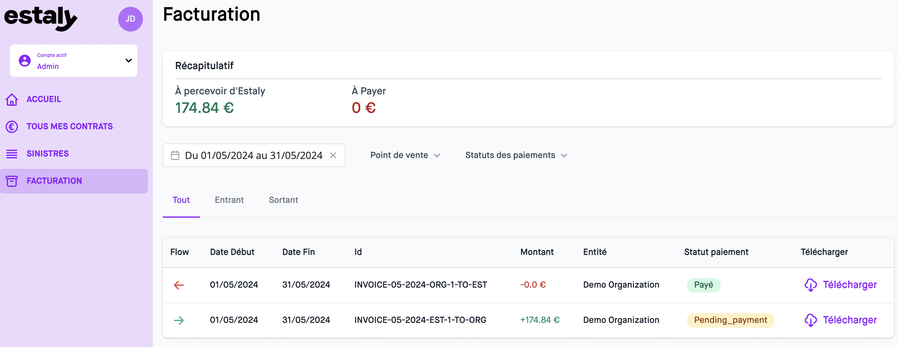 Vue de la page "Facturation"