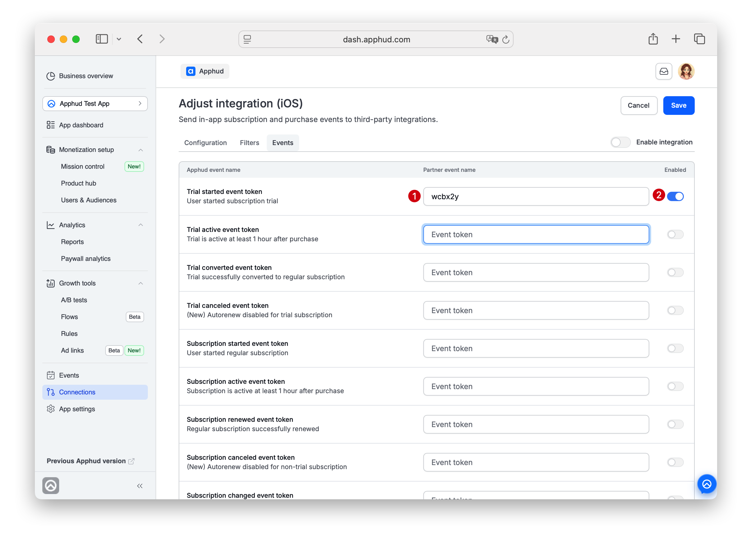 Adjust - Events list configuration